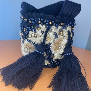 Azul-Wayuu Mochila with pearls and embroidered flower accents